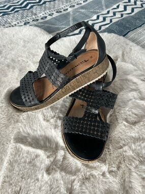 Tamaris size 6 Black Leather Cork Wedge Sandals - Comfortable Summer Style